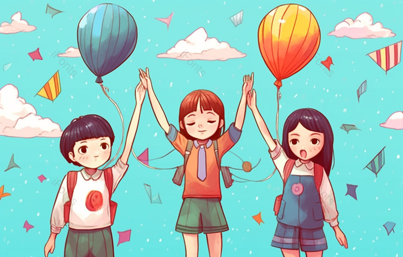 三位小同学合力放飞气球插画背景,插画/手绘图,插画/手绘图库,插画/手绘图下载,插画/手绘